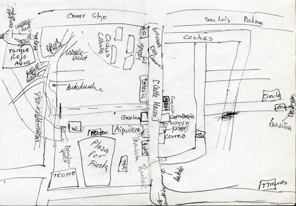 "Als er sich einen ersten Überblick verschafft, kaufte er sich ein Eis, um sich zu trösten: Dos Caminos bestand im wesentlichen aus einer einzigen Straße, daran Kirche, Tankstelle und Leichenhalle ..."