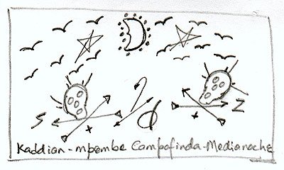 "An der Wand dahinter die Fahne, ein Gewimmel an Geiern, Pfeilen, Totenköpfen, zwischen zwei Sternen ein verbeulter Mond; auf dem Boden Kreidezeichnungen, von Blut besprenkelt ..."